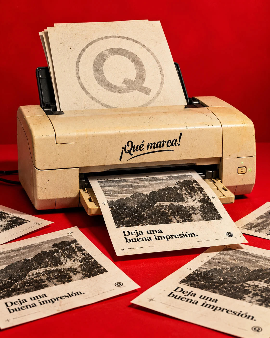 Impresora antigua de ¡Qué Marca! sobre fondo rojo